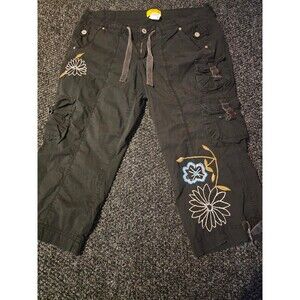 Z Cavaricci Womens 18 Black Embroidered Cargo Capri Pants Y2K Workwear Floral